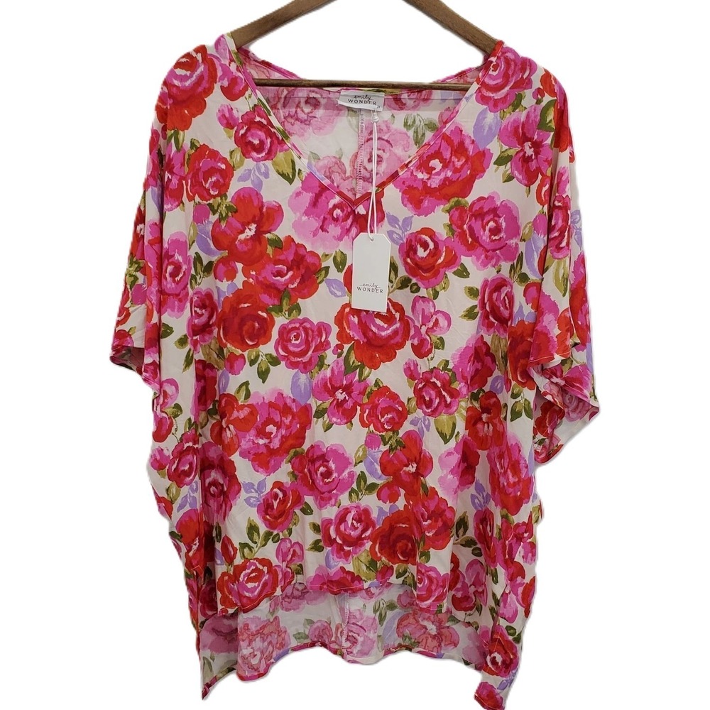 NWT Womens 2X Floral Chiffon Top Pink Red Rose Print Sheer V-Neck Blouse Plus